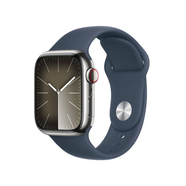 Apple Watch Series 9 GPS + Cellular (Edelstahl Silber) - 41mm - Sportarmband S/M Sturmblau