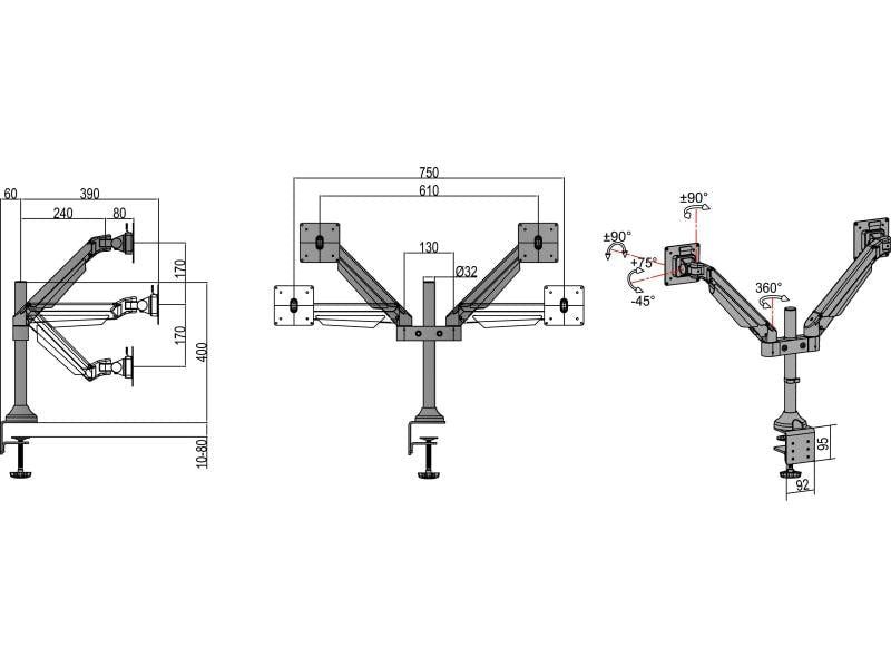 Multibrackets Tischhalterung Gas Lift Arm Dual bis 10 kg – Silber