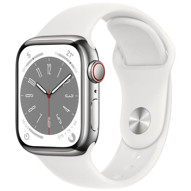 Apple Watch Series 8 GPS + Cellular (Edelstahl) silber - 41mm - Sportarmband weiss - redrow.ch